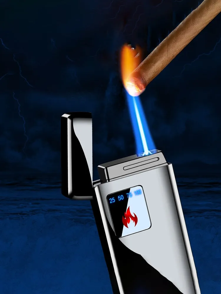 Touch-screen charging electronic lighter in alloy with adjustable flame control.