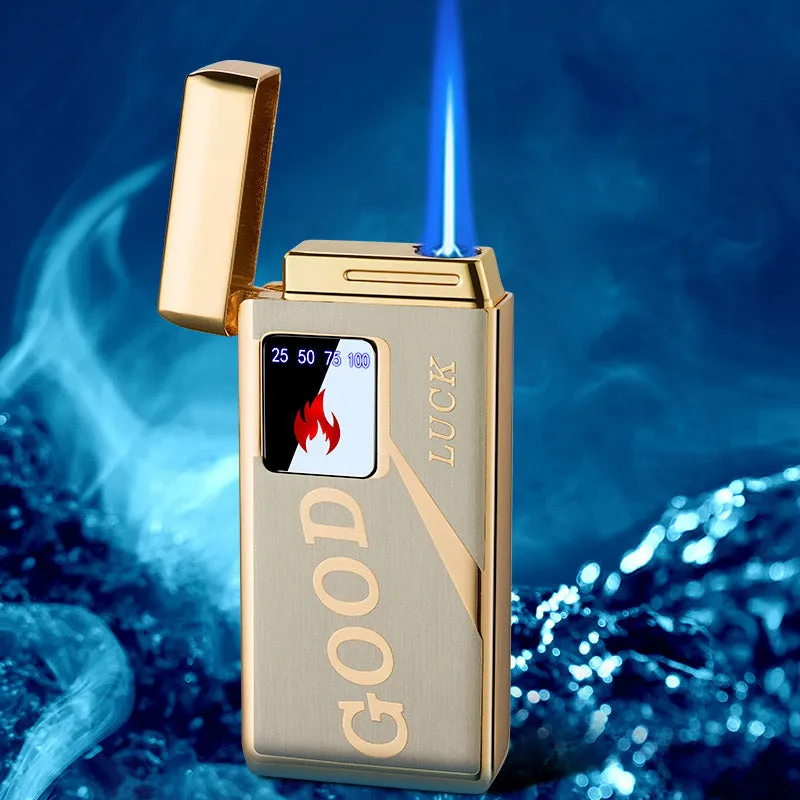 Touch-screen charging electronic lighter in alloy with adjustable flame control.