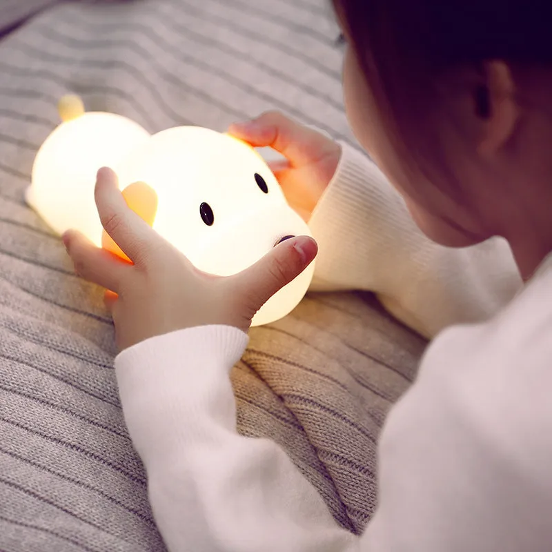 Soft silicone rechargeable night light with animal design and touch-sensitive nose for dimming