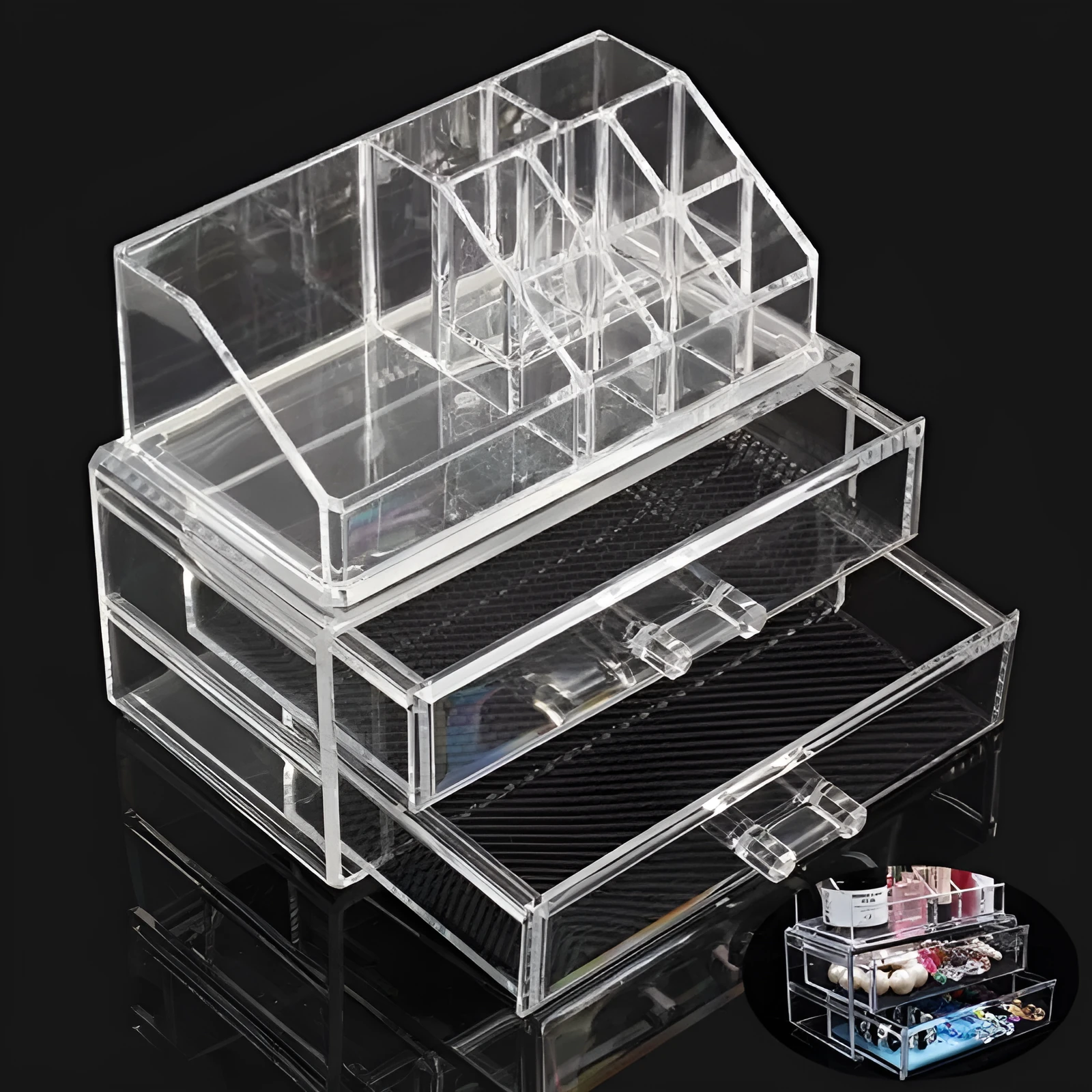 Clear acrylic foldable makeup storage organiser box with lid, medium size.