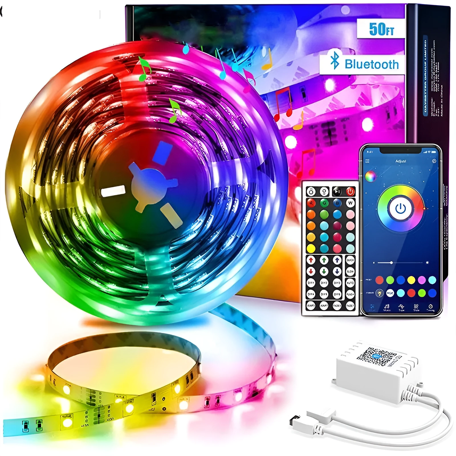 12V RGB LED light strip with Bluetooth remote on a white background.