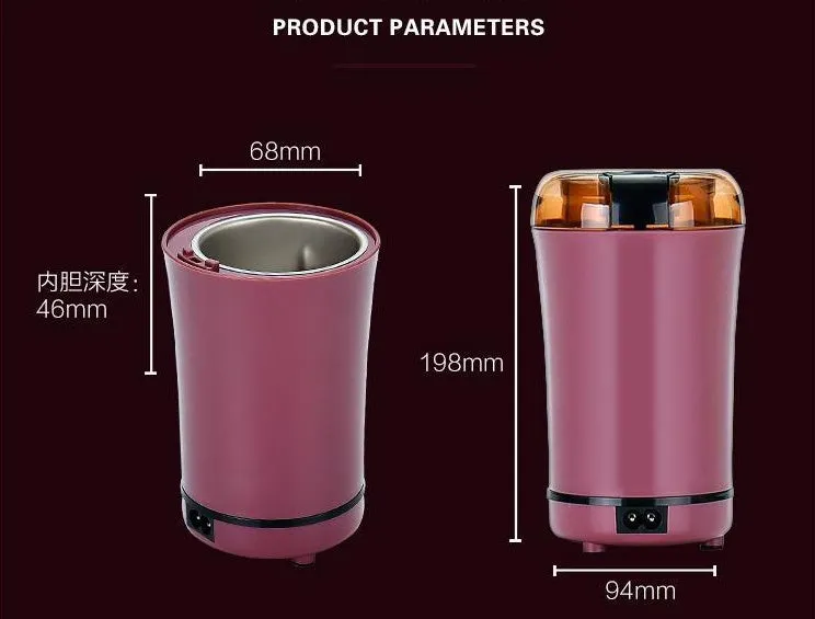 Black or purple mini electric grinder with stainless steel liner on a kitchen worktop