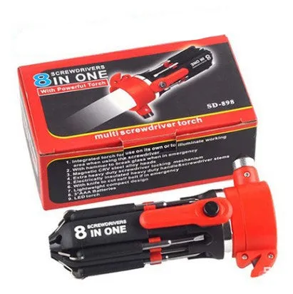 8-in-1 screwdriver with LED flashlight, magnetic bits, and stainless steel body on a workbench