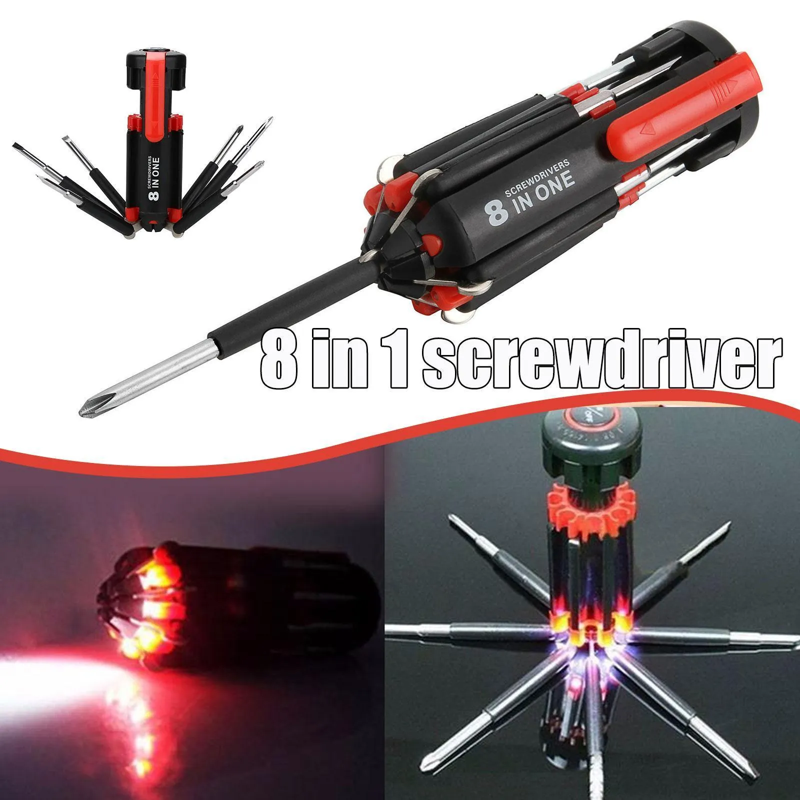 8-in-1 screwdriver with LED flashlight, magnetic bits, and stainless steel body on a workbench