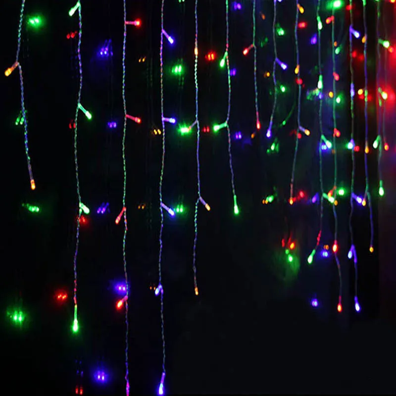 LED starry icicle light string with 96 lights on a 4-metre wire, showing three lengths of icicle drops in warm white illumination