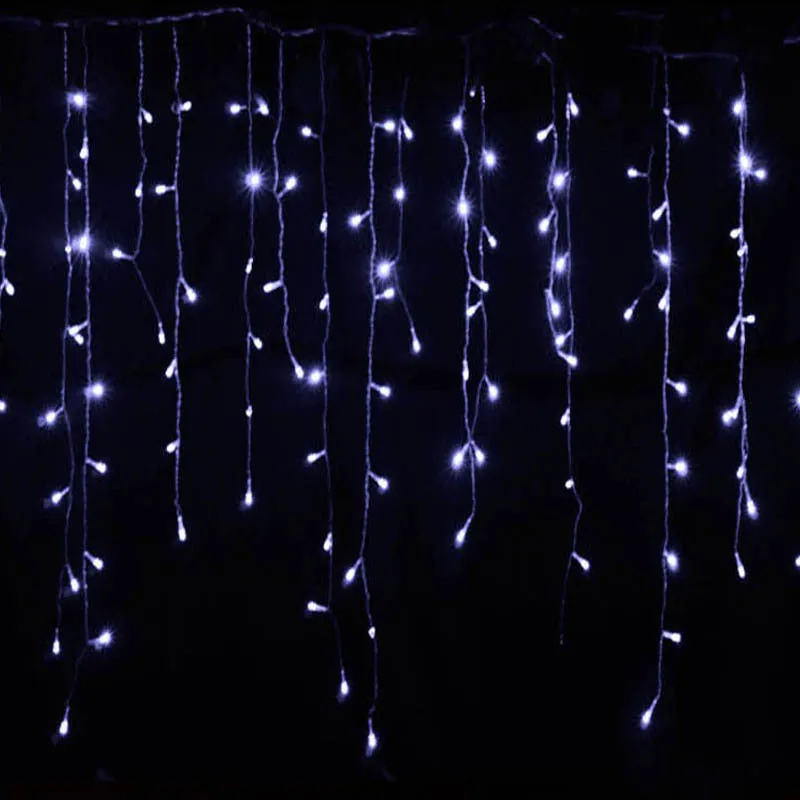 LED starry icicle light string with 96 lights on a 4-metre wire, showing three lengths of icicle drops in warm white illumination