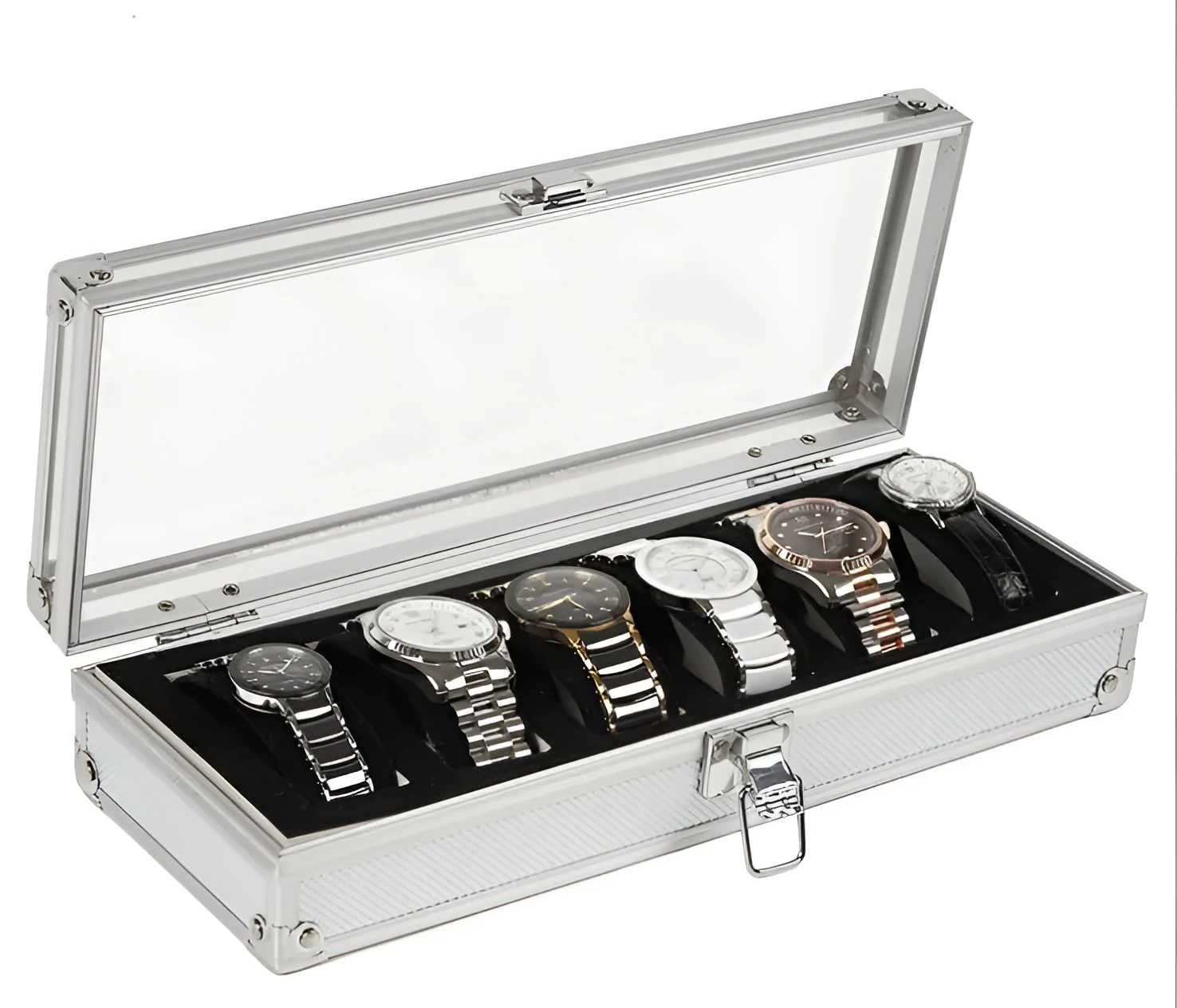 Brushed aluminium watch box holding six watches with a front jewellery storage bin.