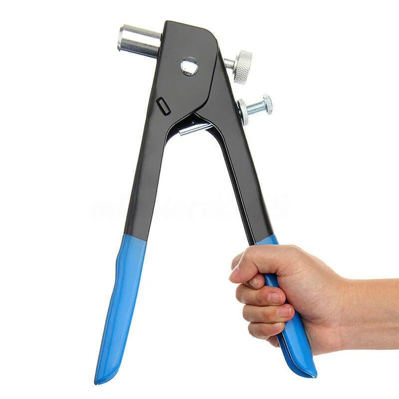 Alloy steel manual riveter nut gun tool kit with a set of interchangeable mandrels on a workbench.