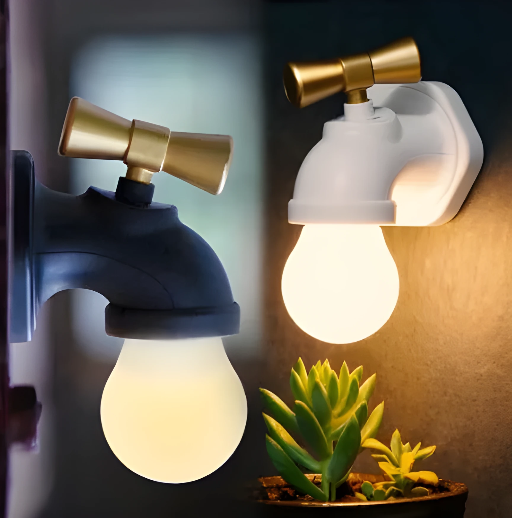 Black and white faucet-shaped USB rechargeable night lamp with sound activation feature
