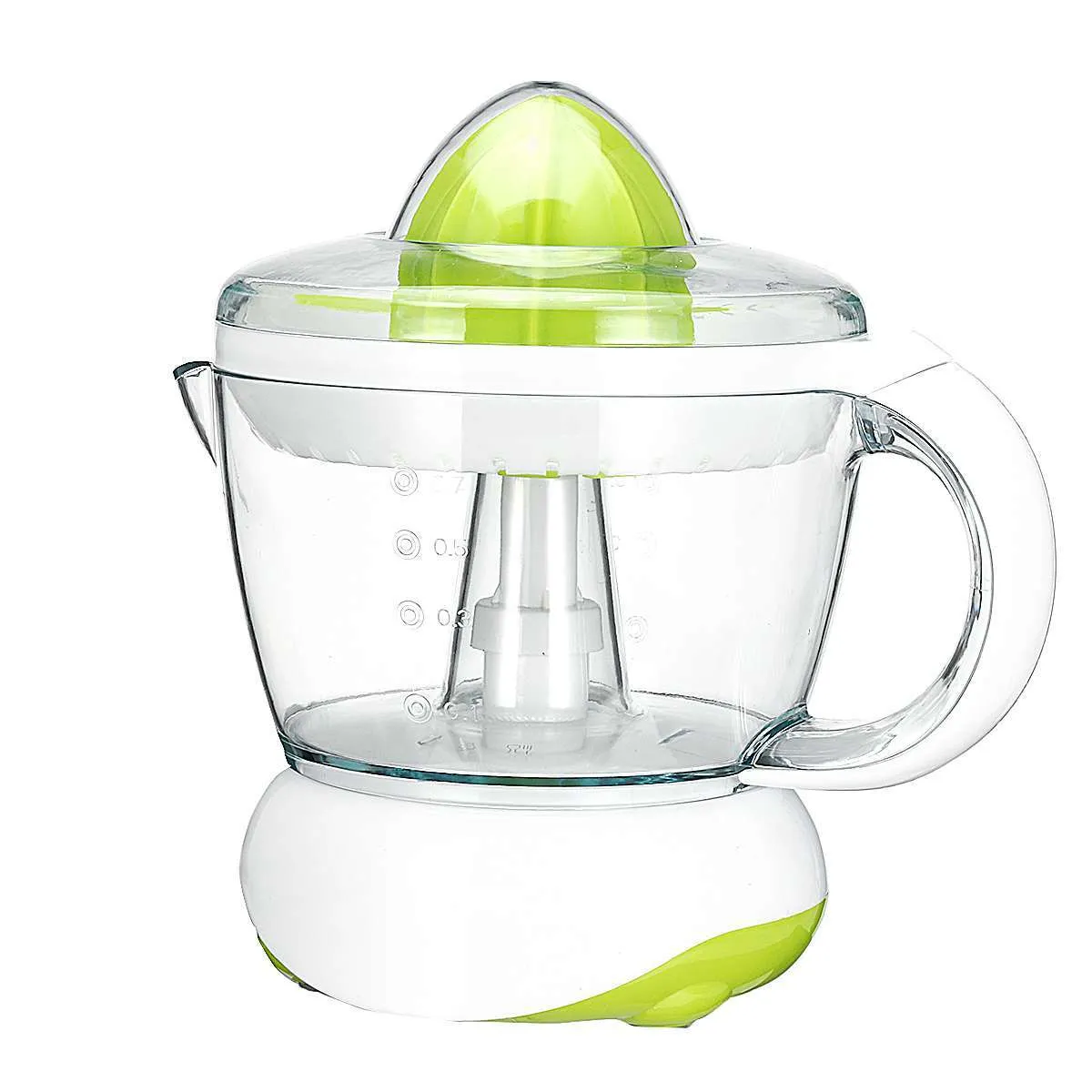 40W household orange juicer with plastic body, crescent feed mouth, and pulp box on a kitchen counter