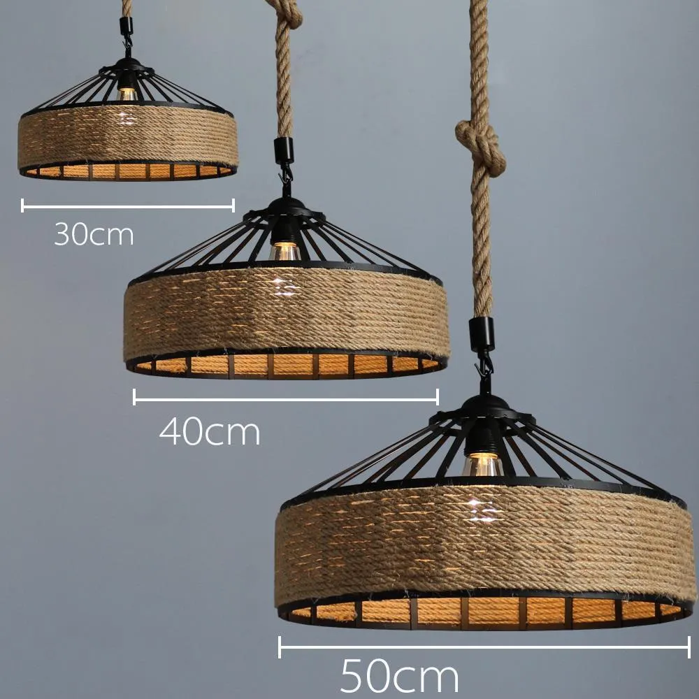 Round American retro hemp rope chandelier with wrought iron shade and body