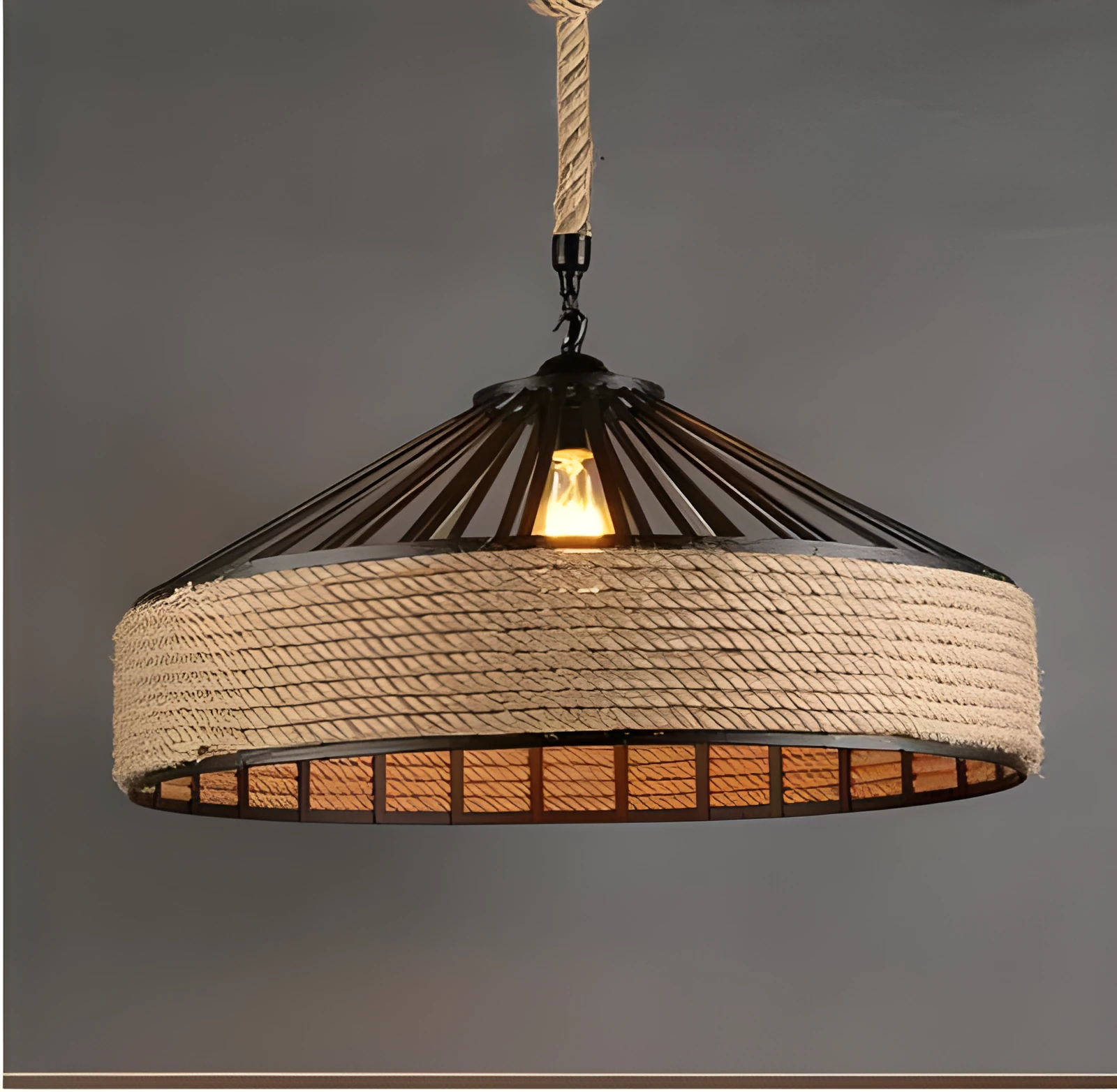 Round American retro hemp rope chandelier with wrought iron shade and body