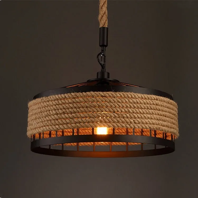 Round American retro hemp rope chandelier with wrought iron shade and body