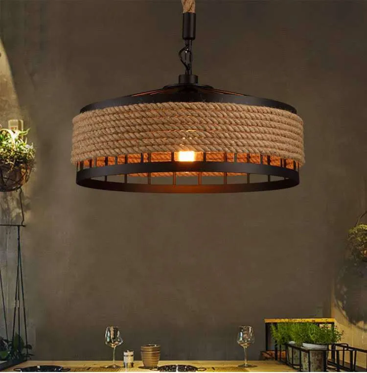 Round American retro hemp rope chandelier with wrought iron shade and body