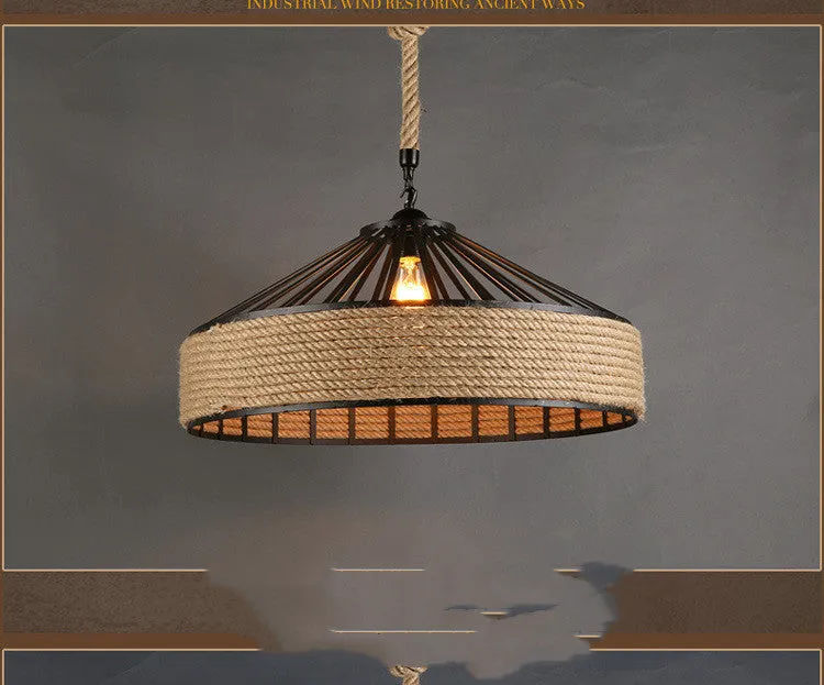 Round American retro hemp rope chandelier with wrought iron shade and body