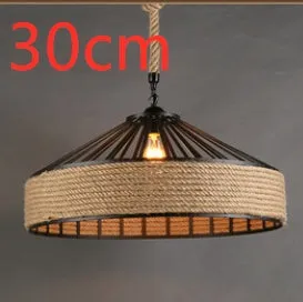 Round American retro hemp rope chandelier with wrought iron shade and body