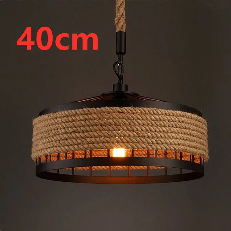 Round American retro hemp rope chandelier with wrought iron shade and body
