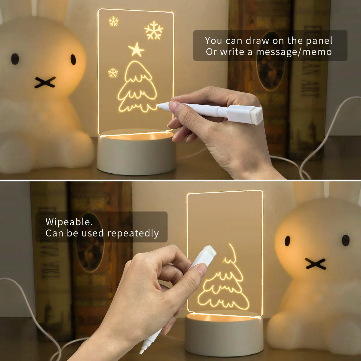 Heart-shaped LED light note board with warm yellow USB light and drawing pen on a desk