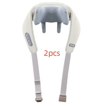 Beige neck massager with six massage nodes and hot compress function on a chair