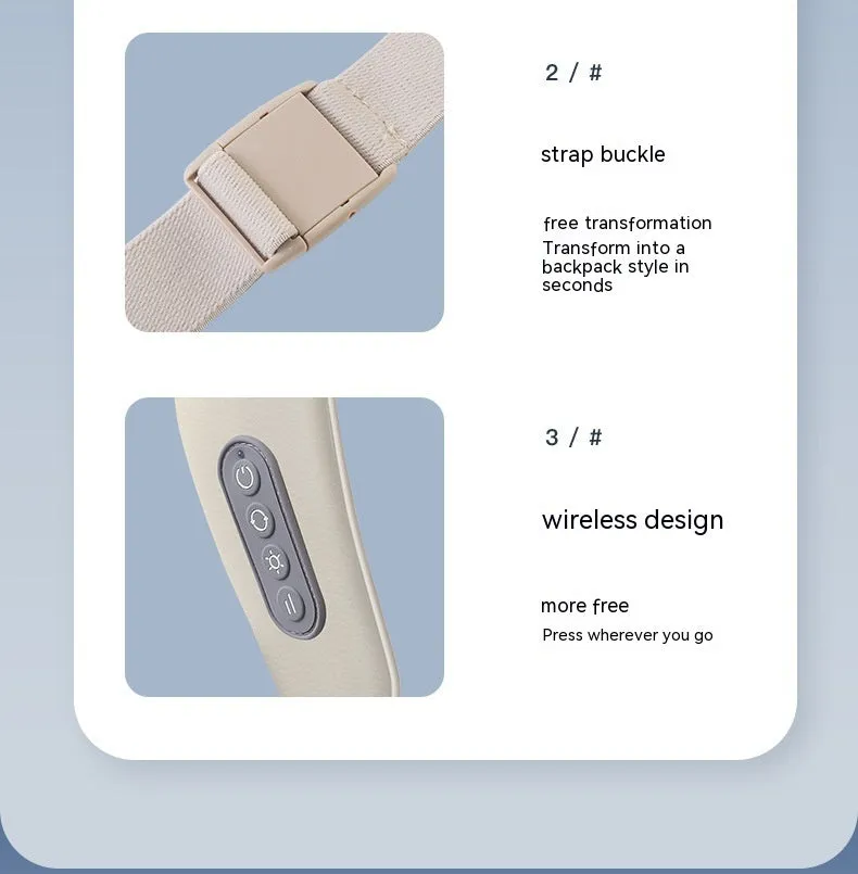Beige neck massager with six massage nodes and hot compress function on a chair