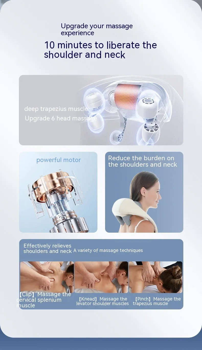 Beige neck massager with six massage nodes and hot compress function on a chair