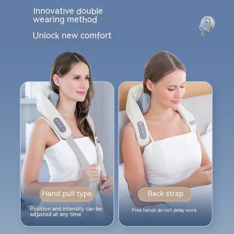 Beige neck massager with six massage nodes and hot compress function on a chair