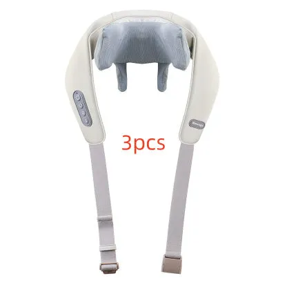 Beige neck massager with six massage nodes and hot compress function on a chair
