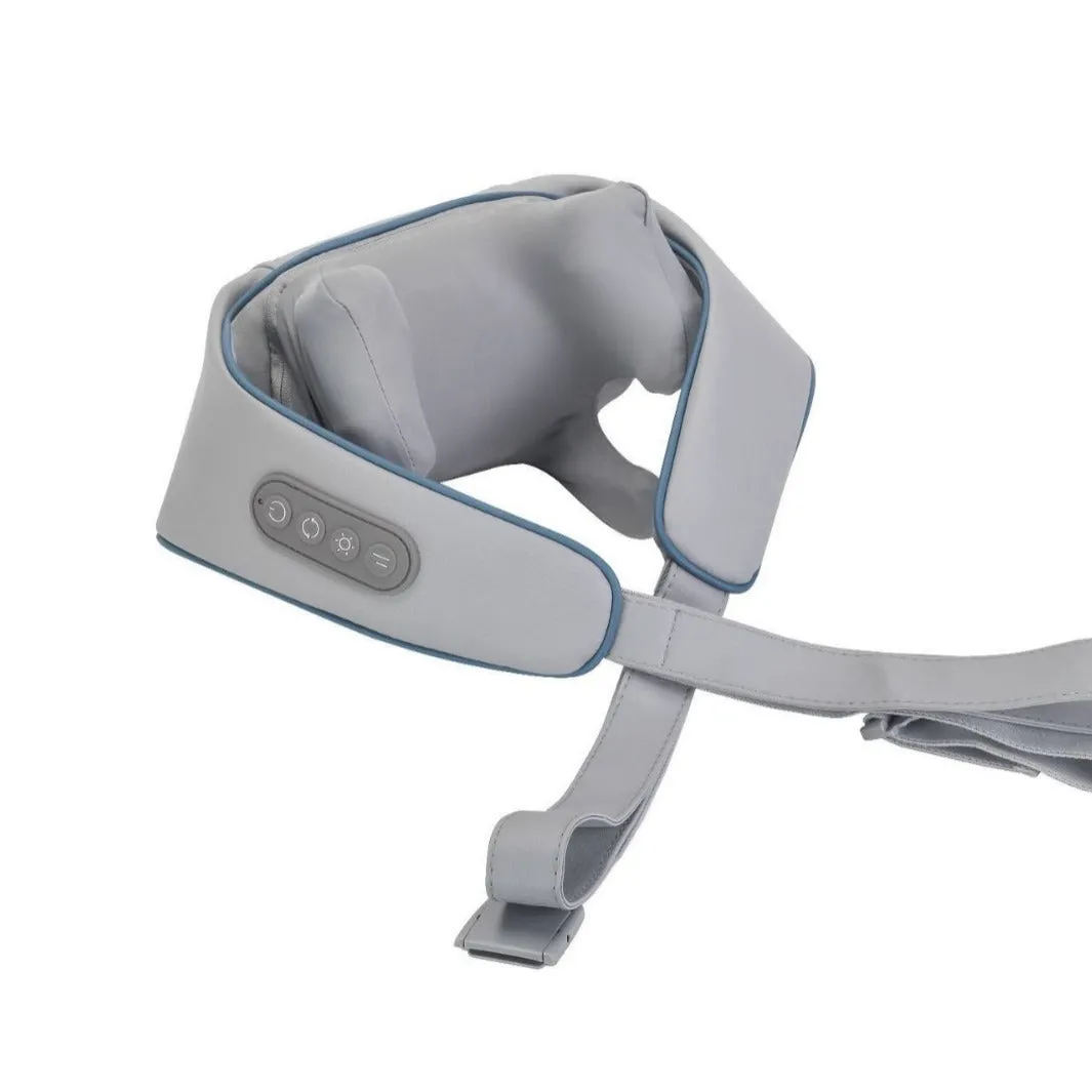 Beige neck massager with six massage nodes and hot compress function on a chair