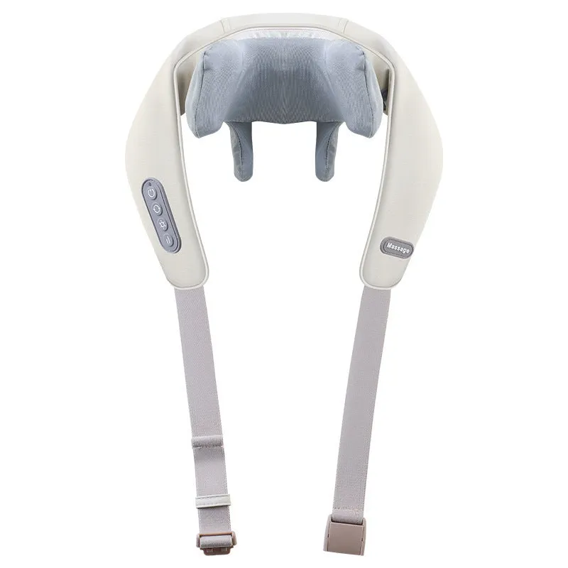 Beige neck massager with six massage nodes and hot compress function on a chair
