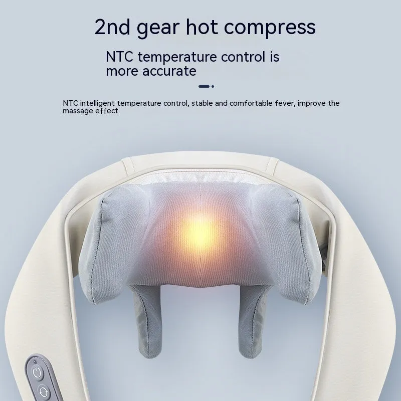 Beige neck massager with six massage nodes and hot compress function on a chair
