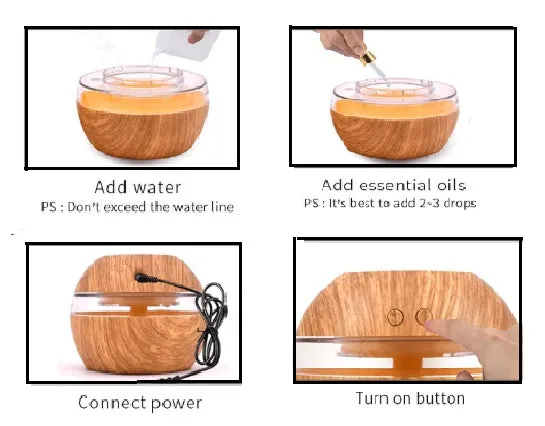 Essential oil diffuser humidifier with 300ml tank and USB power, 110x110x90mm, ABS material