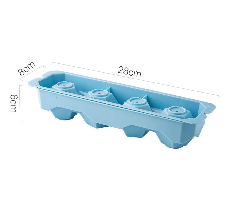 Flexible silicone ice tray showing large ice hockey, pentagon, and spherical mould designs in light blue.