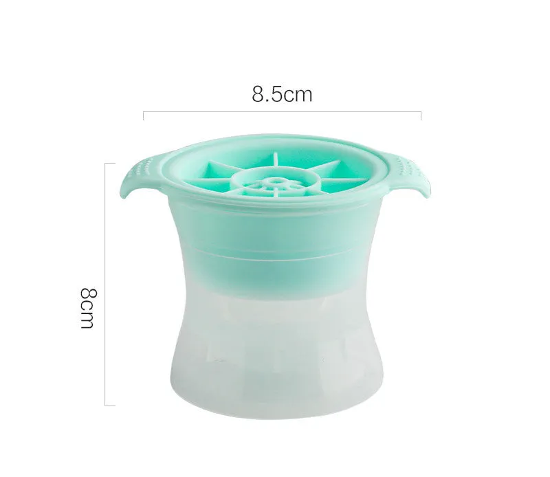 Flexible silicone ice tray showing large ice hockey, pentagon, and spherical mould designs in light blue.