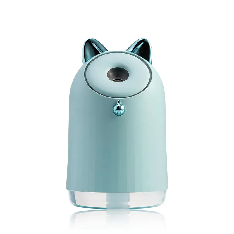 Compact USB humidifier table lamp with 250ml water tank, 145mm height, available in blue colour, sitting on a desk
