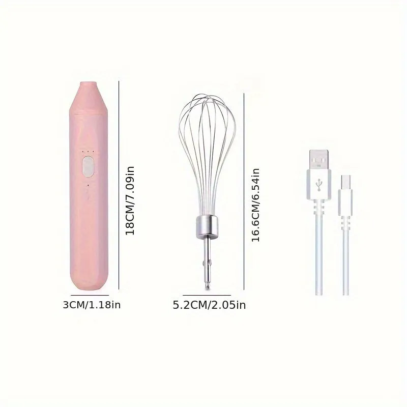 Hand-held wireless electric whisk in black and pink, with straight handle and stainless steel whisk attachment