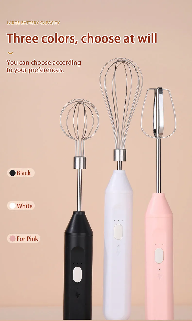 Hand-held wireless electric whisk in black and pink, with straight handle and stainless steel whisk attachment