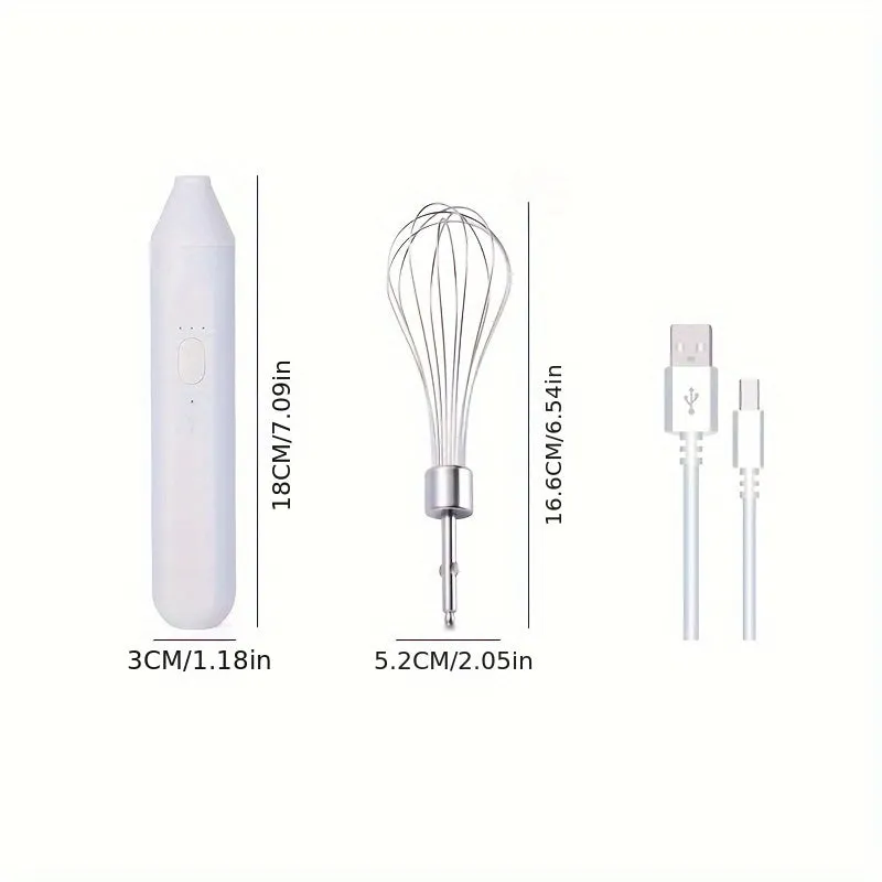 Hand-held wireless electric whisk in black and pink, with straight handle and stainless steel whisk attachment
