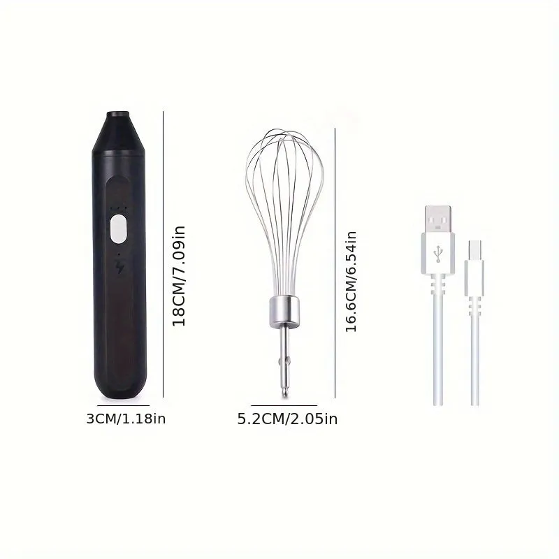Hand-held wireless electric whisk in black and pink, with straight handle and stainless steel whisk attachment