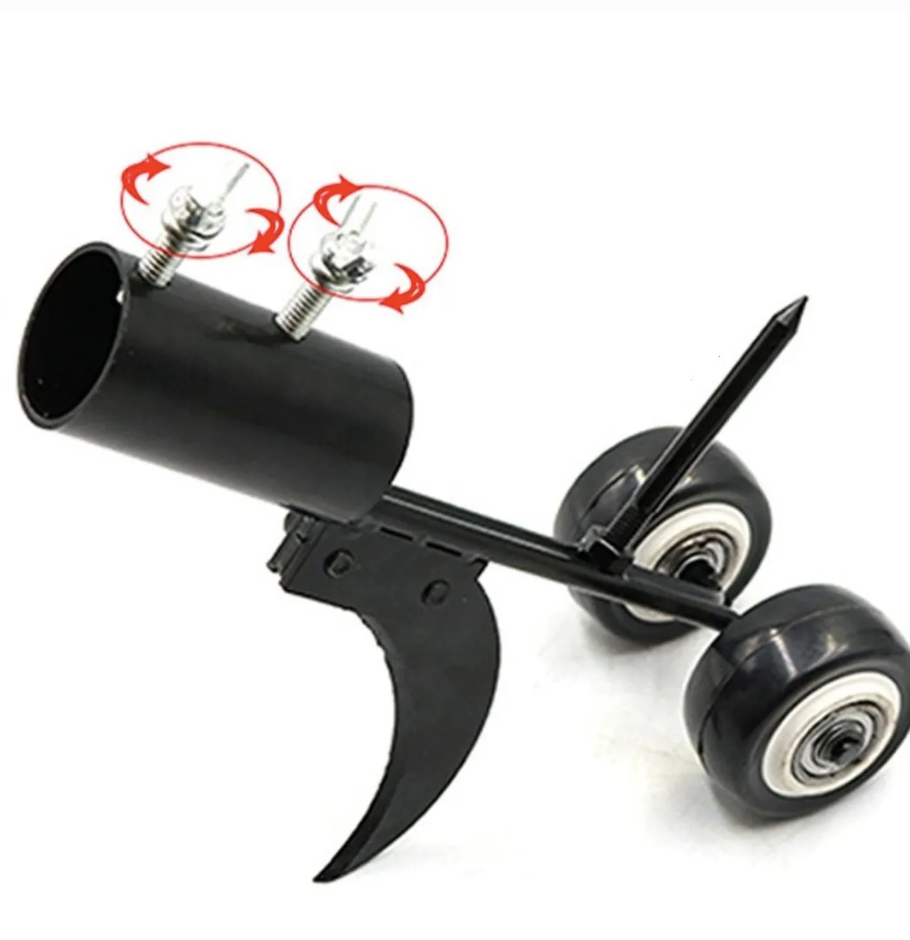 Manual weed puller set with telescopic rod, gap weeder head, and sickle weeder on a garden lawn
