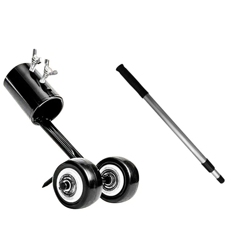 Manual weed puller set with telescopic rod, gap weeder head, and sickle weeder on a garden lawn