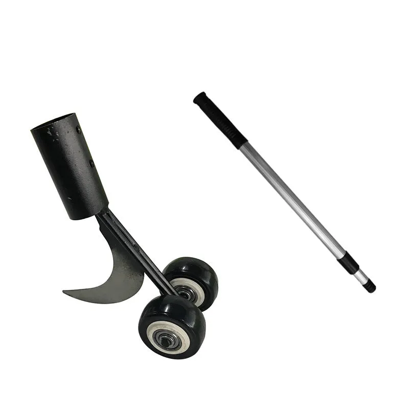 Manual weed puller set with telescopic rod, gap weeder head, and sickle weeder on a garden lawn
