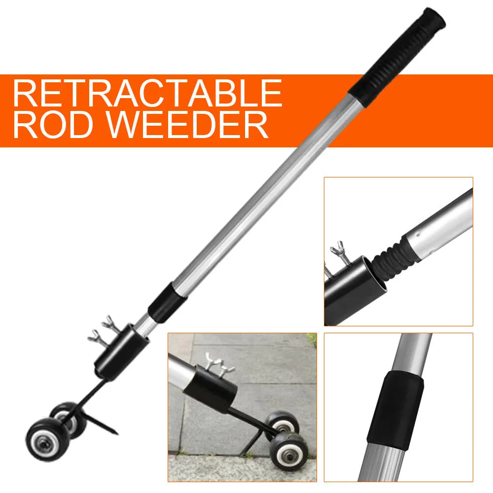 Manual weed puller set with telescopic rod, gap weeder head, and sickle weeder on a garden lawn