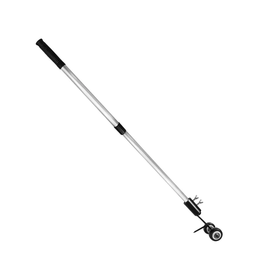 Manual weed puller set with telescopic rod, gap weeder head, and sickle weeder on a garden lawn