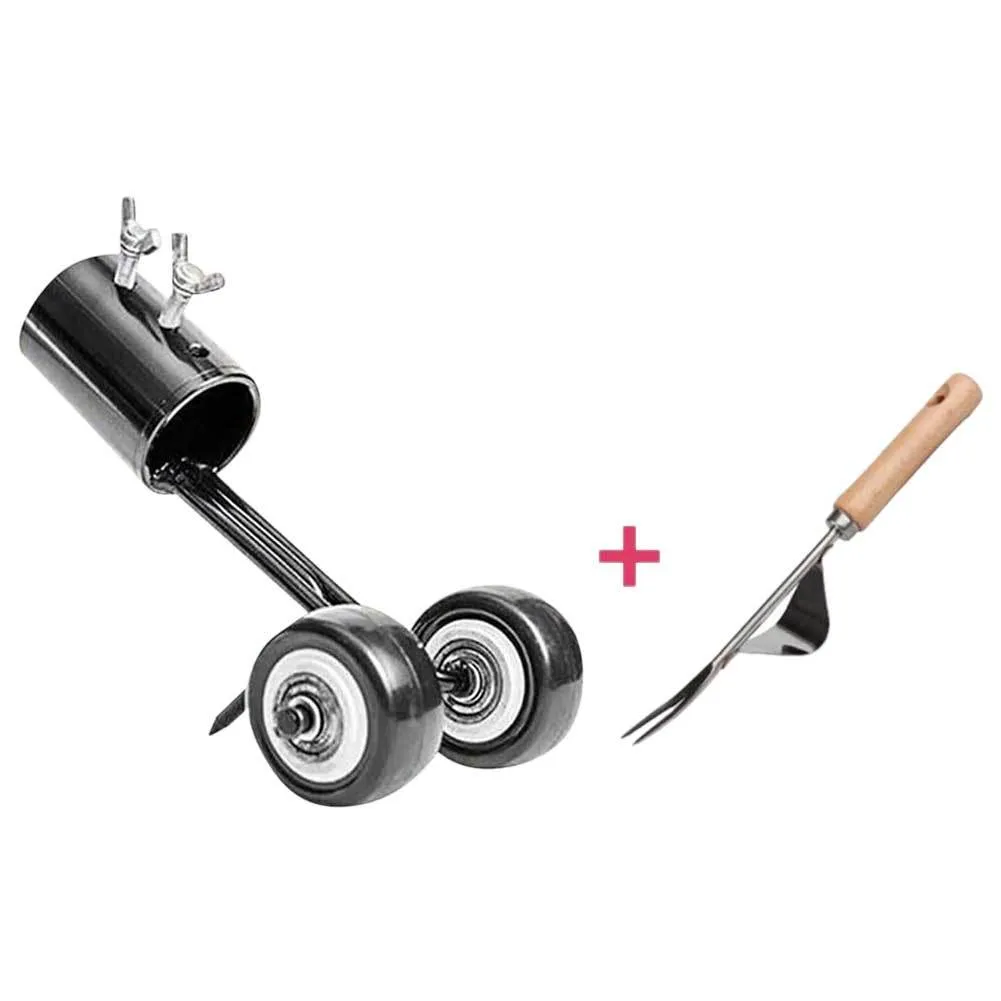 Manual weed puller set with telescopic rod, gap weeder head, and sickle weeder on a garden lawn