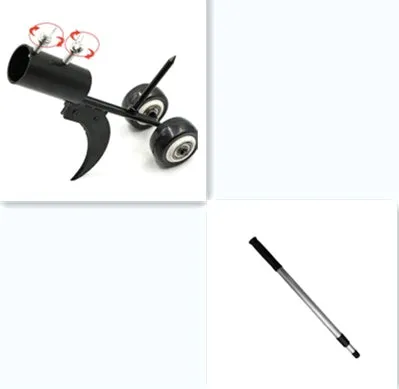Manual weed puller set with telescopic rod, gap weeder head, and sickle weeder on a garden lawn