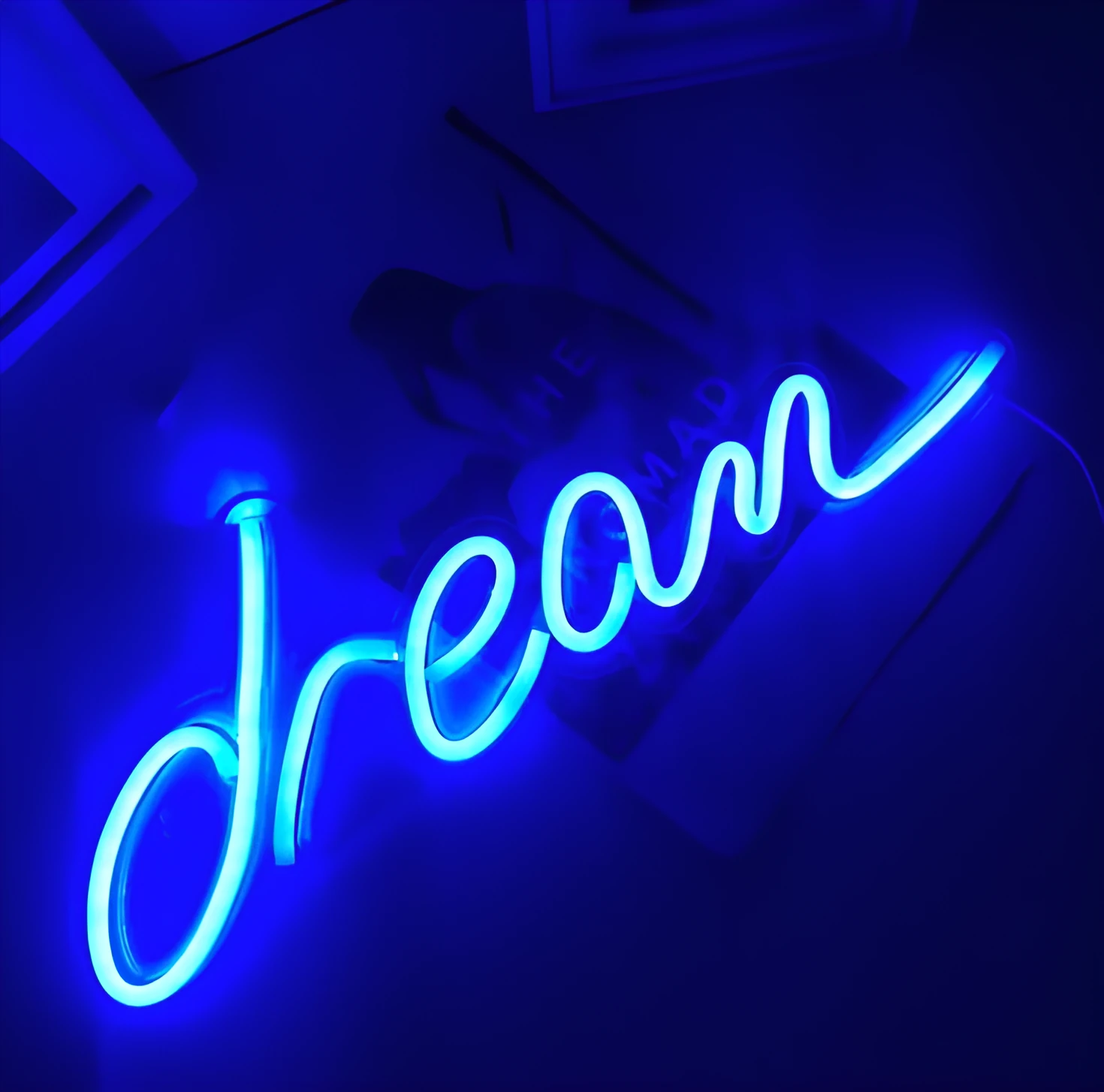 LED pendant neon light with acrylic backboard in blue colour showing 45cm length and compact design