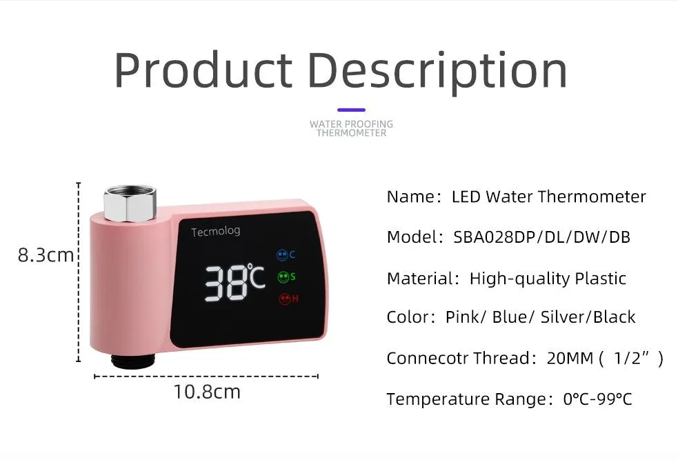 Plastic visual shower faucet water thermometer in black, no power consumption, 16x11.5x5cm