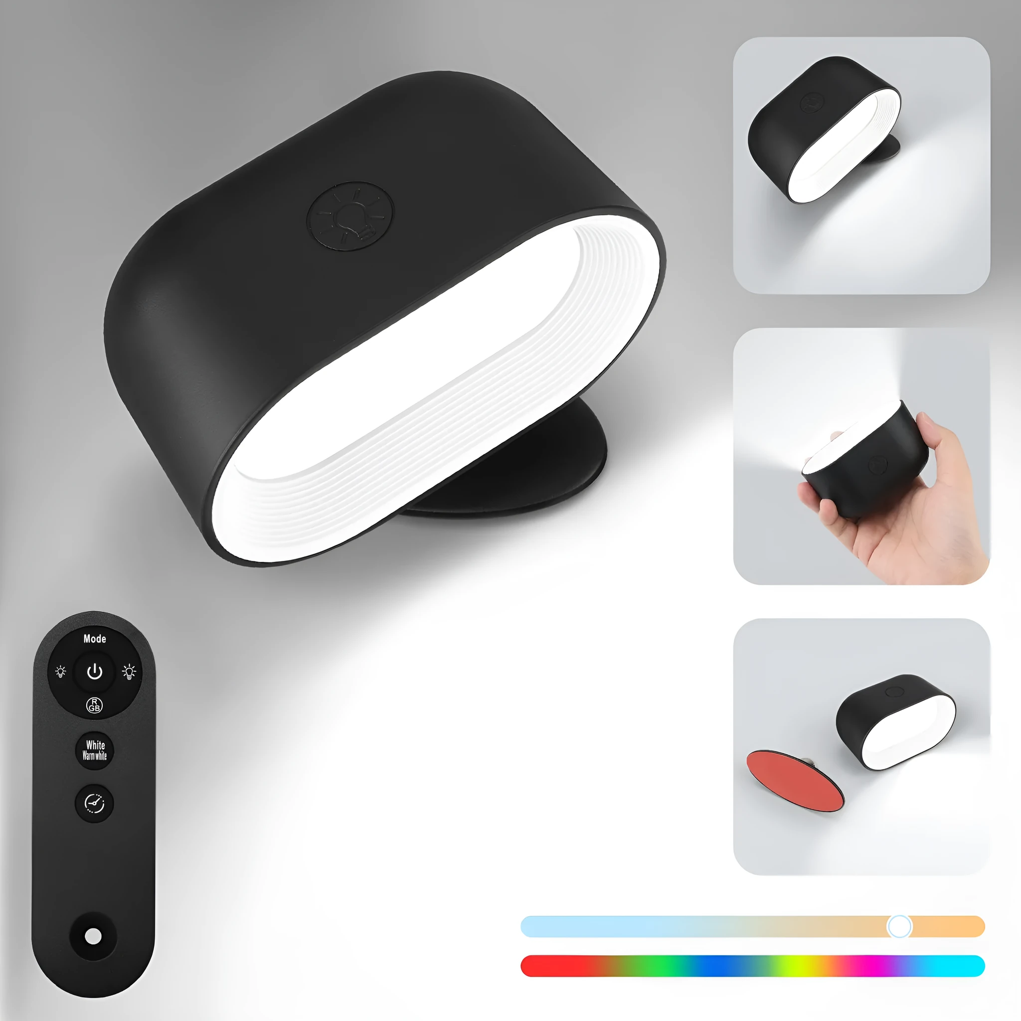 Oval white touch control magnetic wall lamp with remote on a plain background.