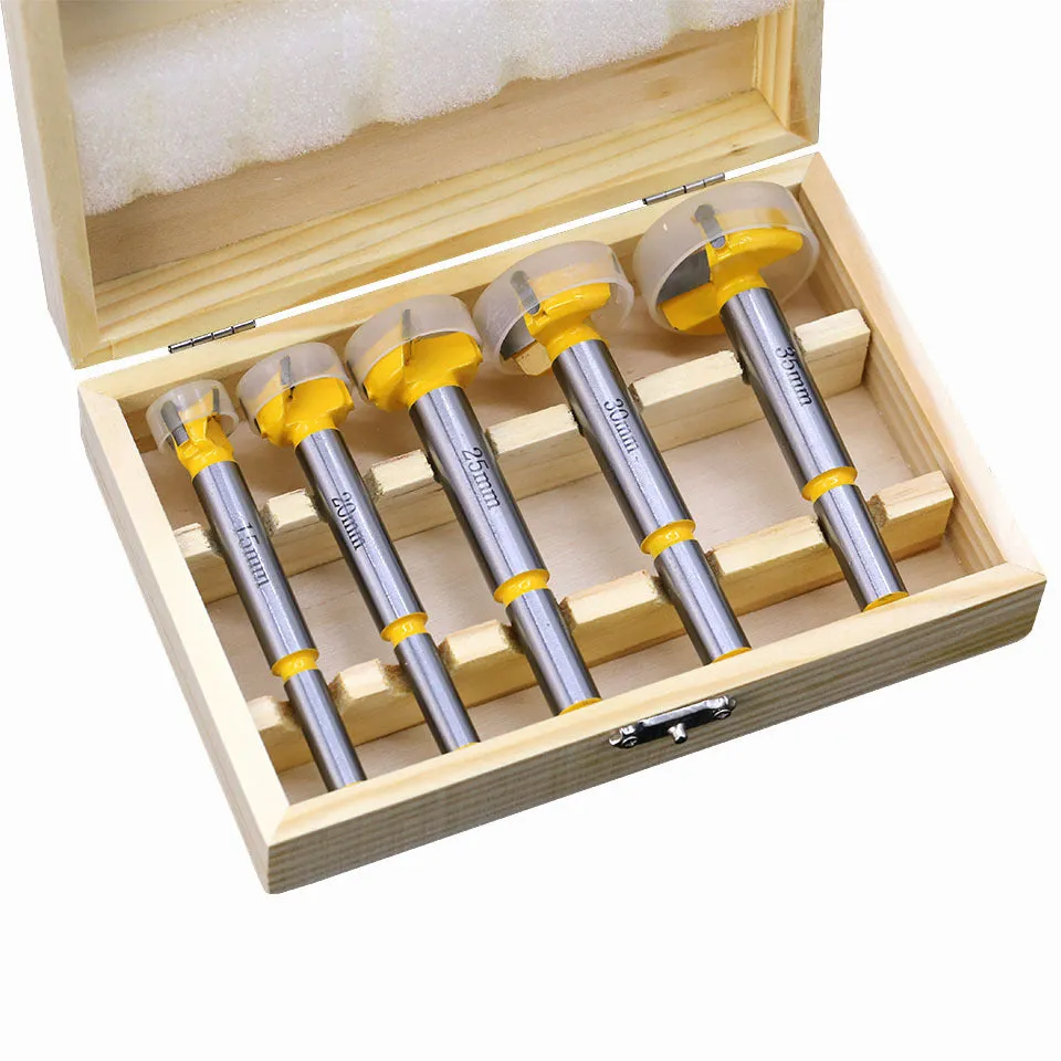 Carbide wood hole opener 5-piece set with wooden box, for hand and electric drills