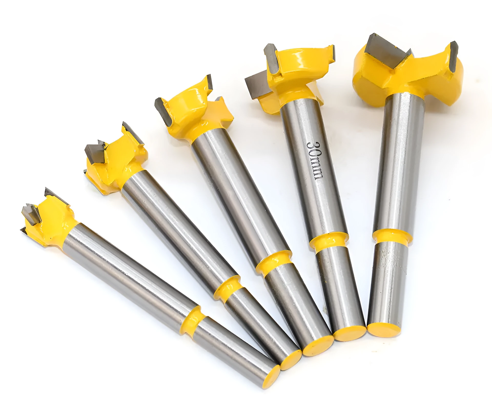 Carbide wood hole opener 5-piece set with wooden box, for hand and electric drills